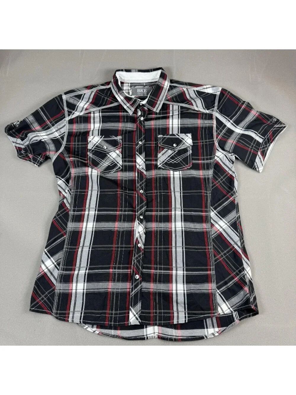 BKE Shirt Mens Size XL Black Plaid Short Sleeve Snap Western Casual
